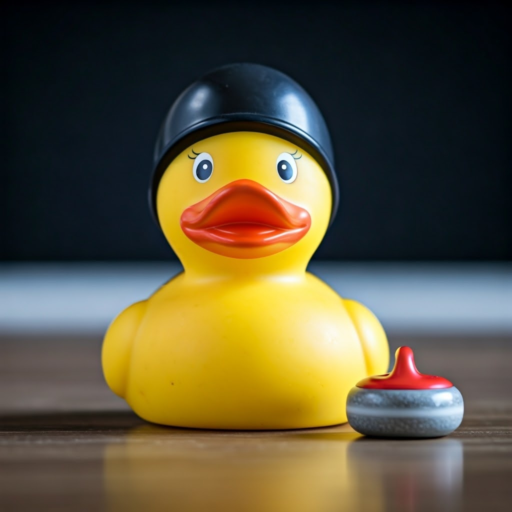 gummiand med hjelm som spiller curling