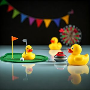 gummiender som spiller minigolf, curling og dart