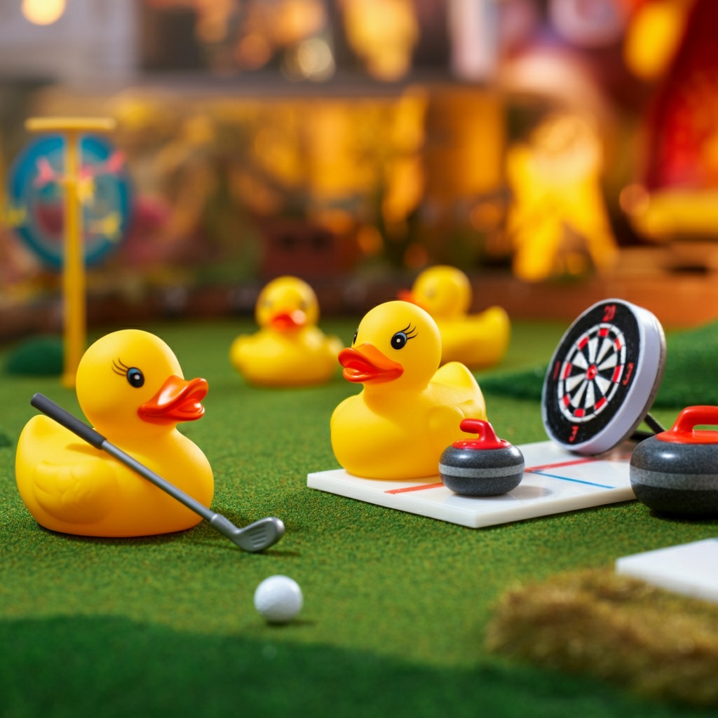 gummiender som spiller curling og dart